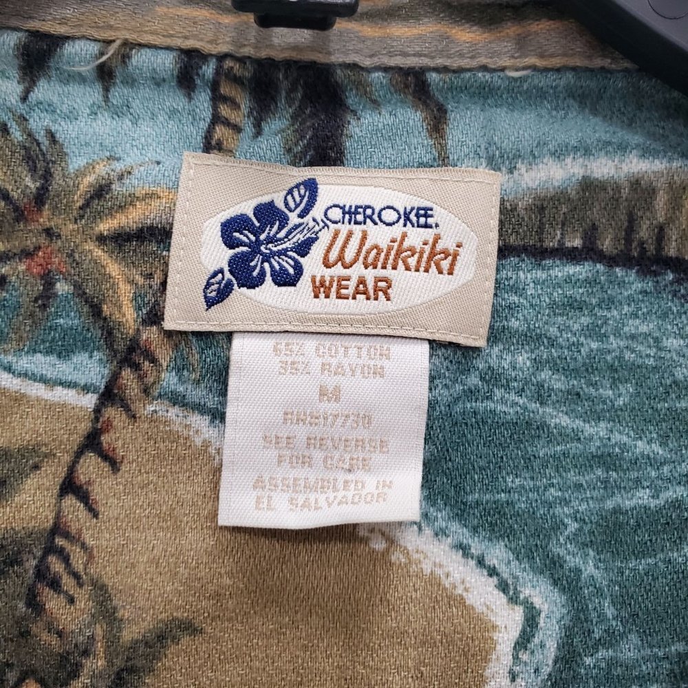 Cherokee Waikiki Wear Vintage Men's Blue Tan Hawaiian Wood Button Up Shirt Sz M - Picture 5 of 7